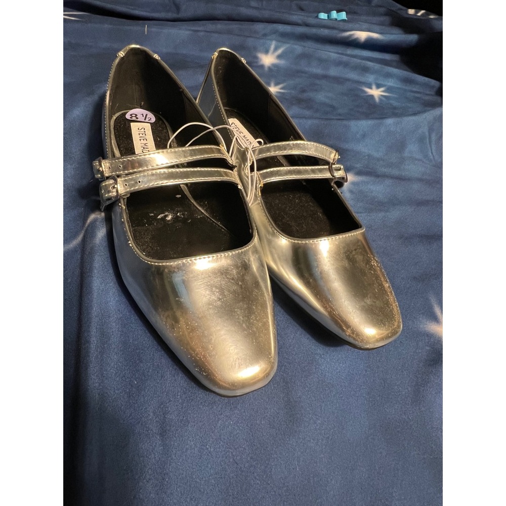 Steve Madden Silver Metallic Double Strap Mary Jane Square Toe Flats Womens 8.5